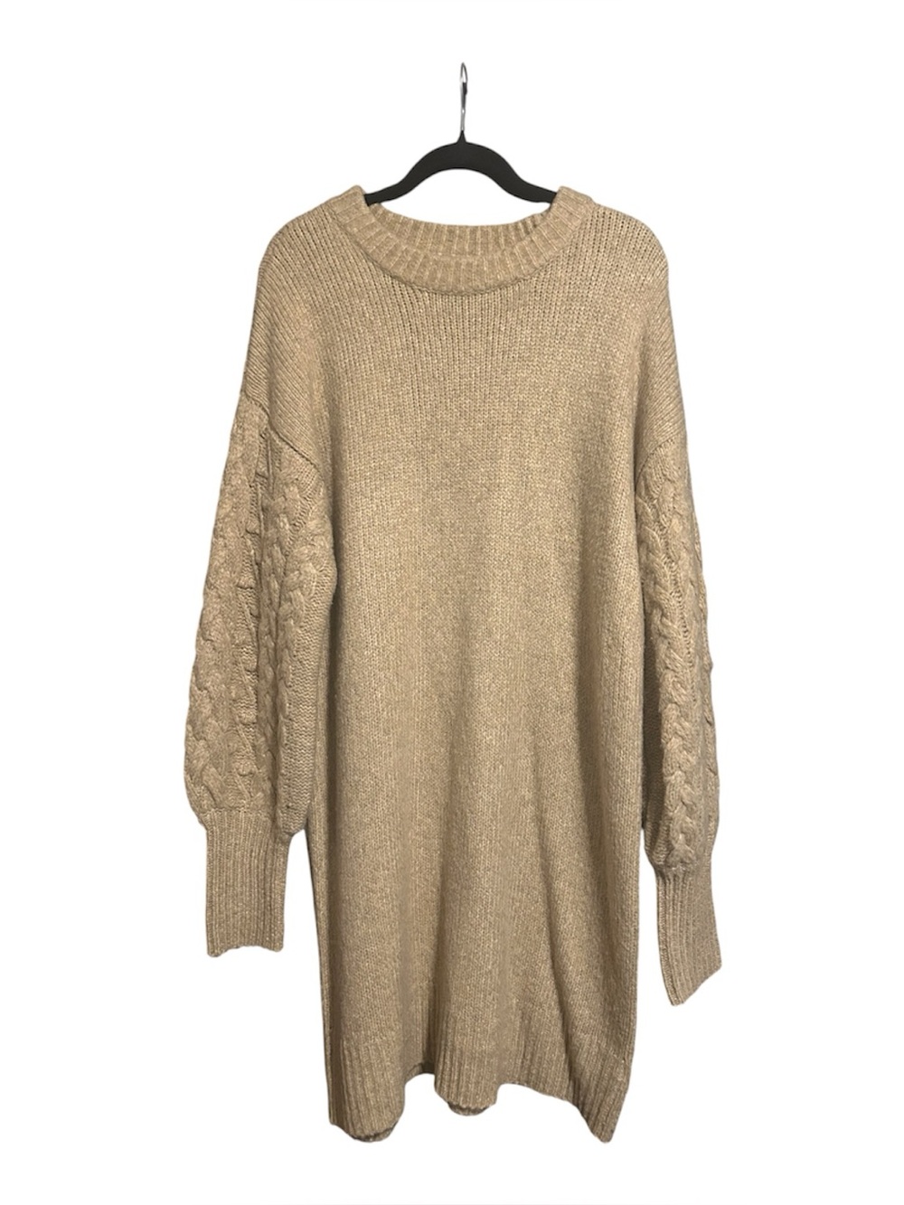 Oversized Cable Sleeve Knit Sweater Dress - Beige